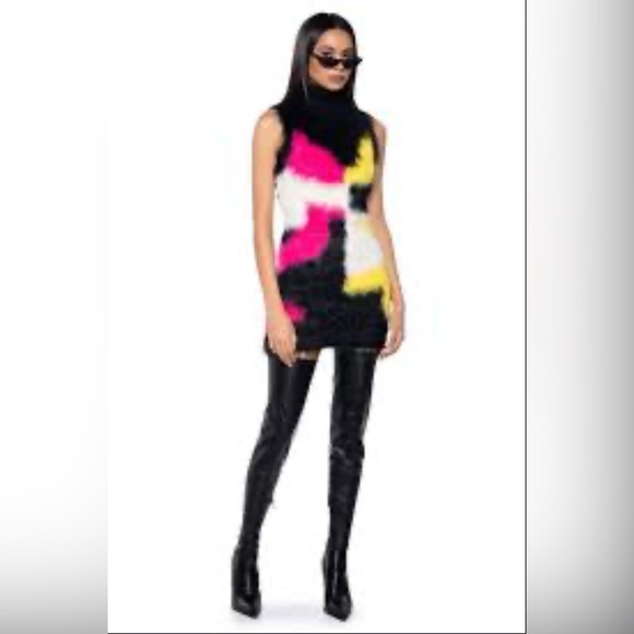 AKIRA NWT Size M Black Pink Yellow Faux Fluffy Fur Sleeveless Mini Dress (0459) - Picture 2 of 13